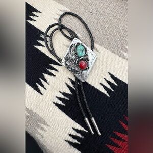 Navajo Native American Nickel Silver Faux Turquoise Coral Black Bolo Tie